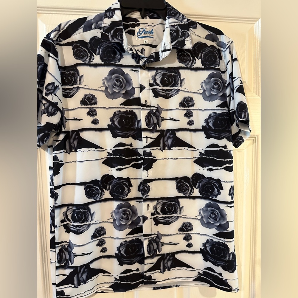 Black rose white background “ Fresh Brand” button down T shirt